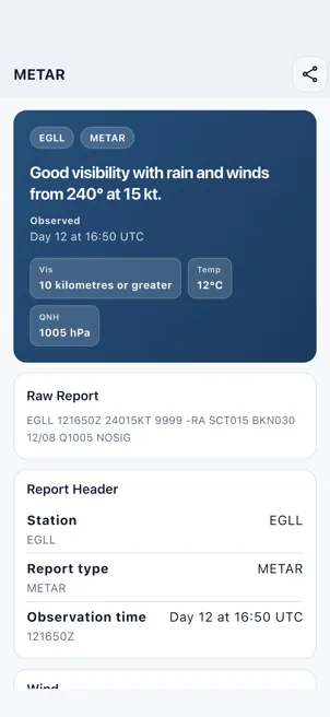 VFR Wise Decoder app screenshot showing a decoded METAR result